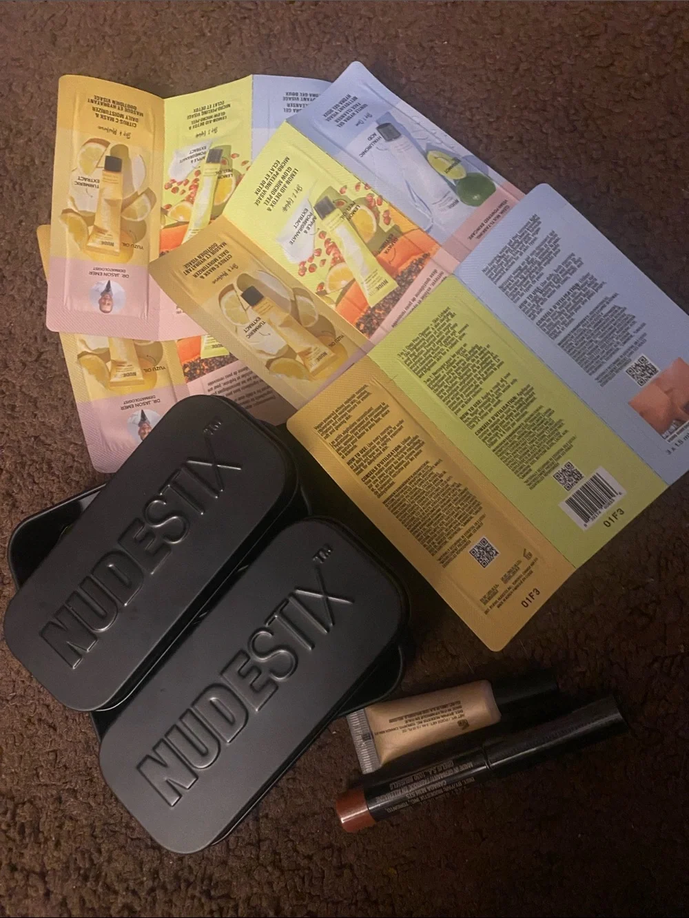 NUDESTIX Black Metal Tin case with mirror, 2 blush tint with spf and samples